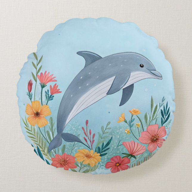 Floral Dolphin Round Cushion (Front)