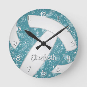floral doodle pattern teal boho sports volleyball round clock