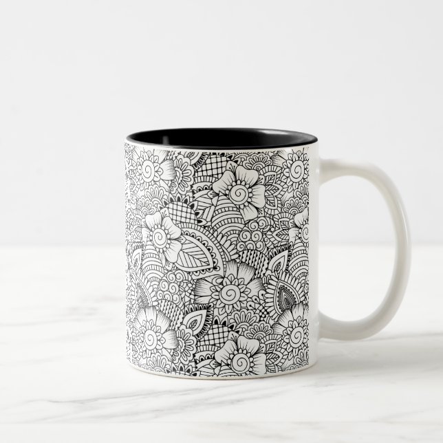 Floral Doodle Pattern Two-Tone Coffee Mug (Right)