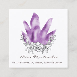 Floral Doodle Purple Crystals Square Business Card