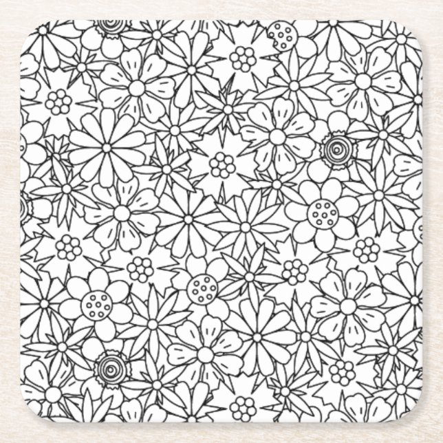 Floral Doodle Square Paper Coaster (Front)