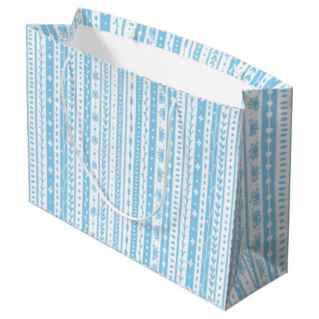 Floral doodle stripes in baby blue and white large gift bag (Back Angled)