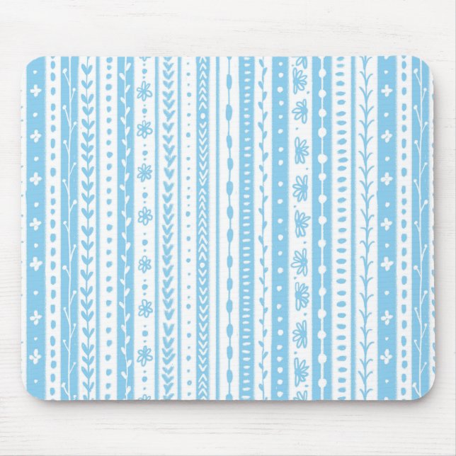 Floral doodle stripes in baby blue and white mouse mat (Front)