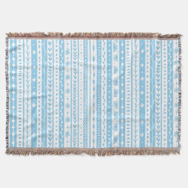 Floral doodle stripes in baby blue and white throw blanket (Front)