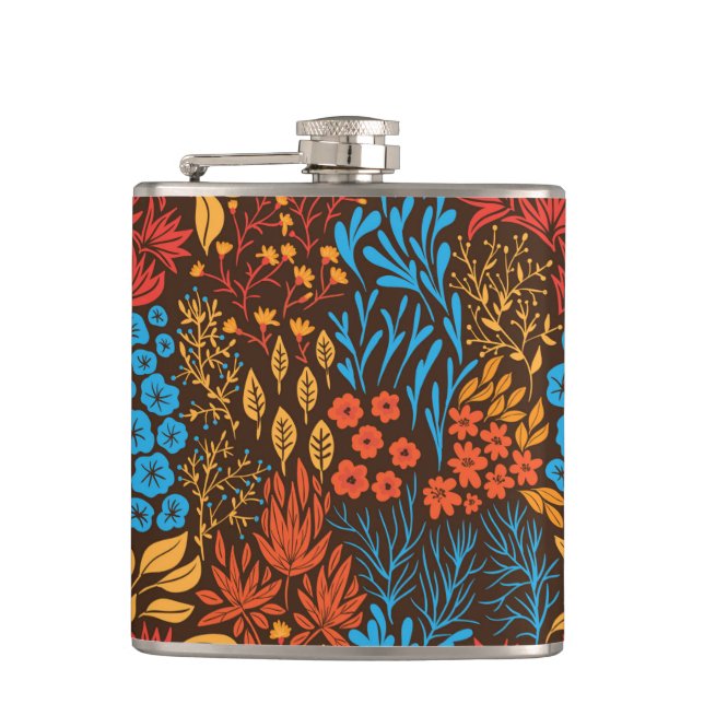 Floral doodles dark hip flask (Front)