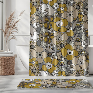 Floral Doodles Mustard Beige Taupe Grey Black   Shower Curtain