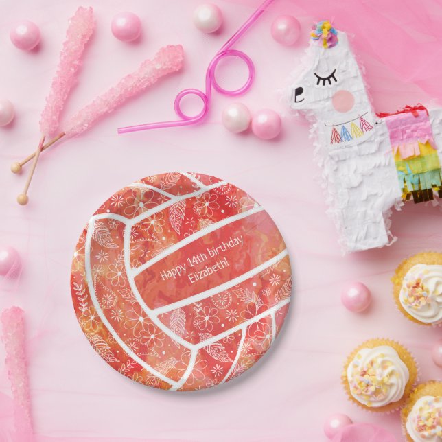 Floral doodles red orange volleyball paper plate (Party)