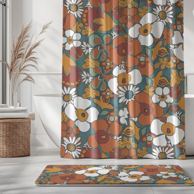 Floral Doodles Teal Sage Terracotta Orange Shower Curtain (Creator Uploaded)