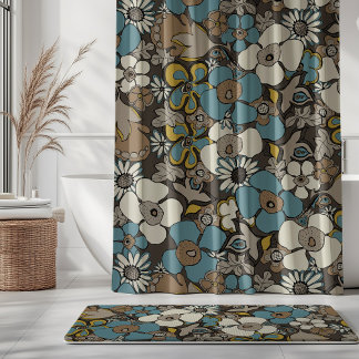 Floral Doodles Turkish Blue Umber Brown Mustard Shower Curtain