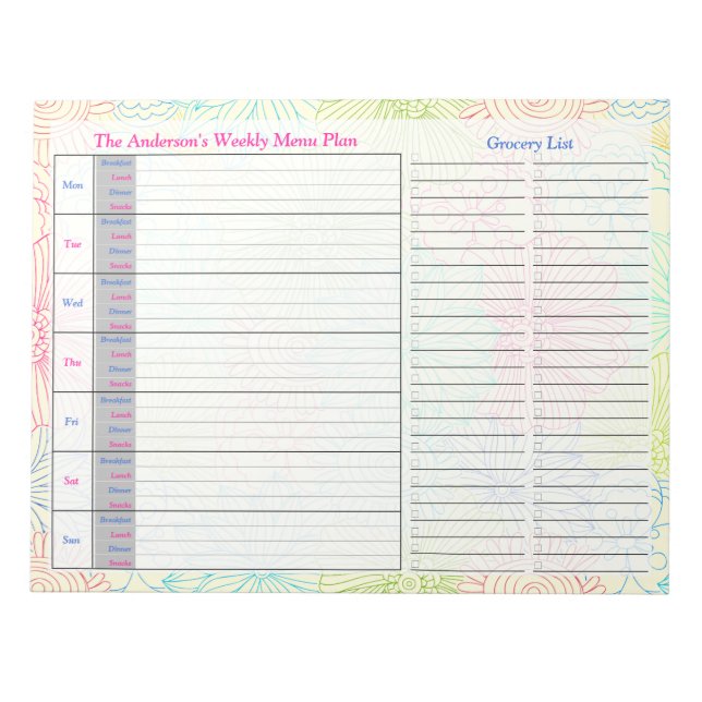 Floral Doodles Weekly Personalised Menu Plan Notepad (Front)