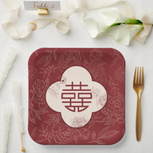 Floral Double Happiness Chinese Wedding Paper Plate