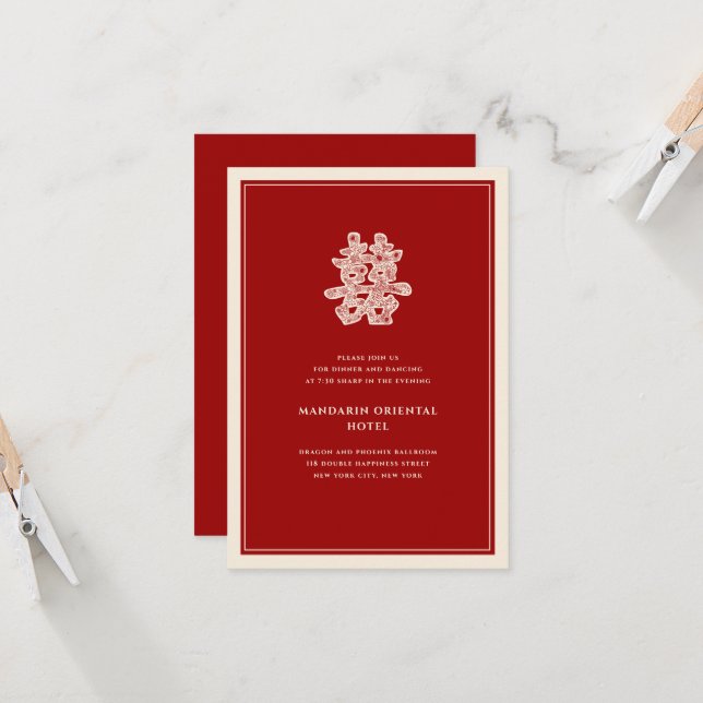 Floral Double Happiness Chinese Wedding Reception Invitation (Front/Back In Situ)