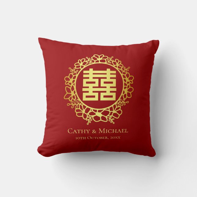 Floral double happiness for tea ceremony red cushion (Front)