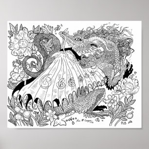 Floral Dragon Colouring Page Poster