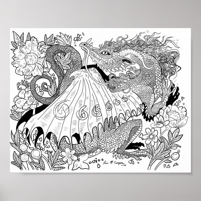 Floral Dragon Colouring Page Poster (Front)