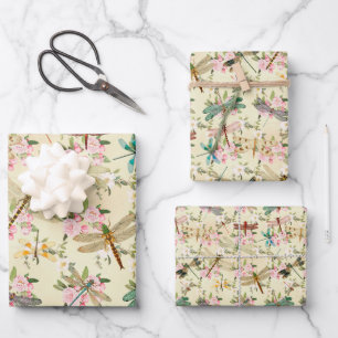 Floral Dragonflies Wrapping Paper Sheet