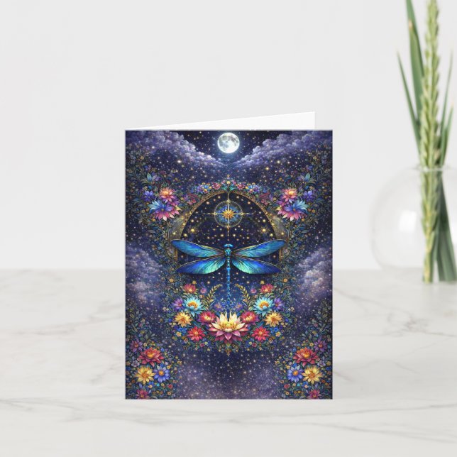 Floral Dragonfly Blank Note Card (Front)
