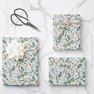 Floral Dragonfly Ferns Leaves Pattern Gift Wrapping Paper Sheet