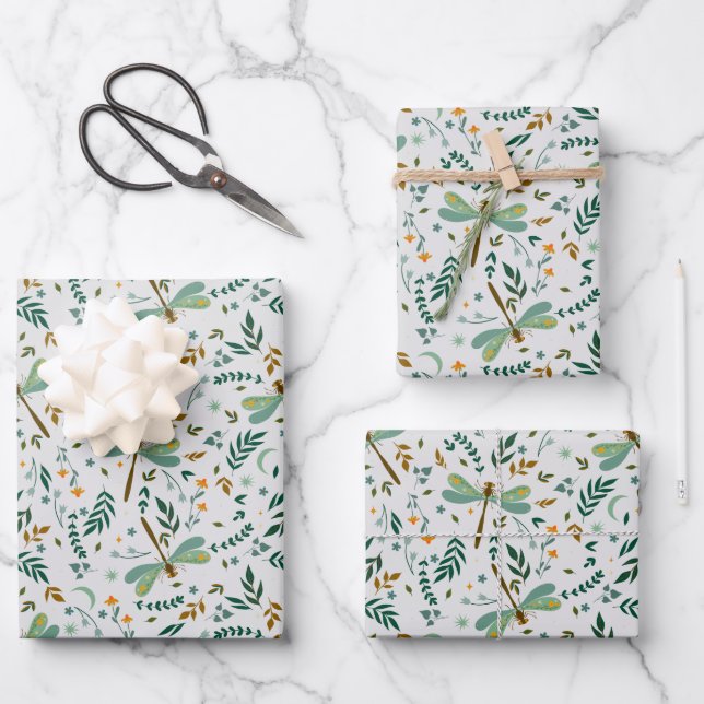 Floral Dragonfly Ferns Leaves Pattern Gift Wrapping Paper Sheet (Front)