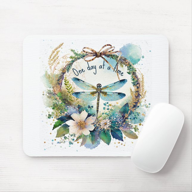 Floral dragonfly One day at a time Mouse Mat (With Mouse)