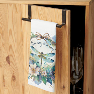 Floral dragonfly One day at a time Tea Towel