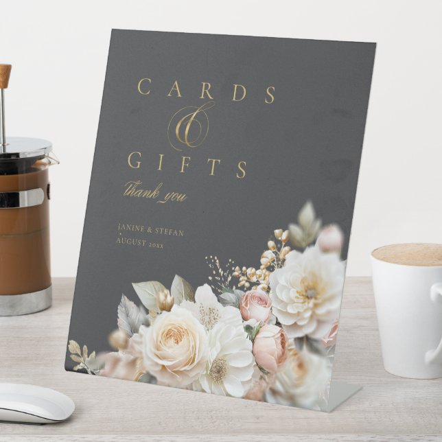 Floral Drama Wedding Cards Gifts Charcoal ID1022 Pedestal Sign (In SItu)