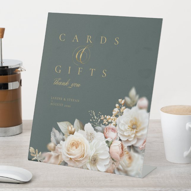 Floral Drama Wedding Cards Gifts Green ID1022 Pedestal Sign (In SItu)