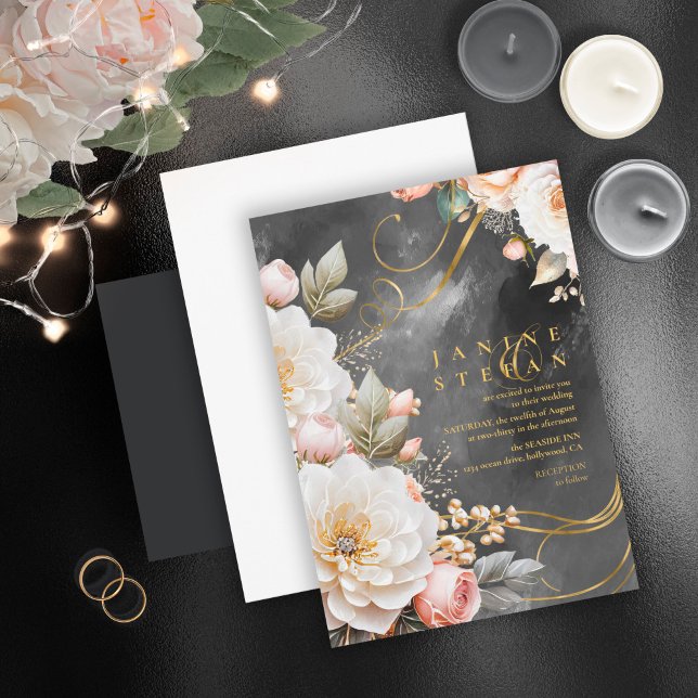 Floral Drama Wedding Charcoal ID1022 Invitation (Creator Uploaded)