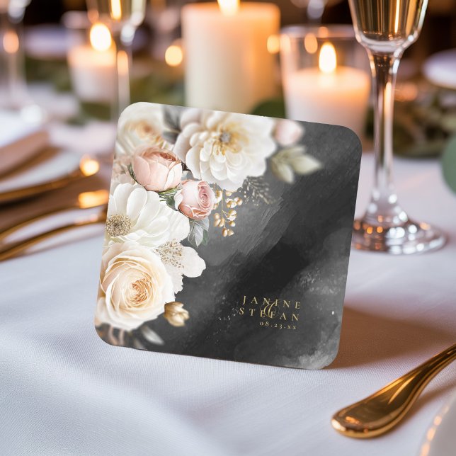 Floral Drama Wedding Charcoal ID1022 Square Paper Coaster (Creator Uploaded)
