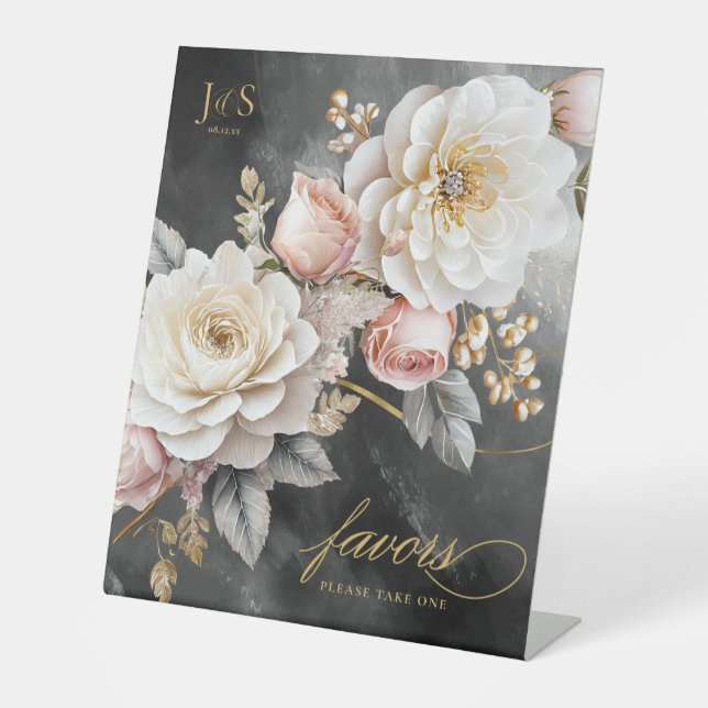Floral Drama Wedding Favours Charcoal ID1022 Pedestal Sign (Front)