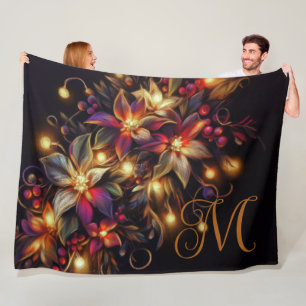 Floral Drawing Christmas Holiday Floral Initial Fleece Blanket