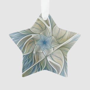 Floral Dream Abstract Blue Khaki Fractal Star Ornament
