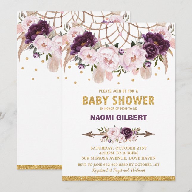 Floral Dream Catcher Baby Shower Girl Purple Blush Invitation (Front/Back)
