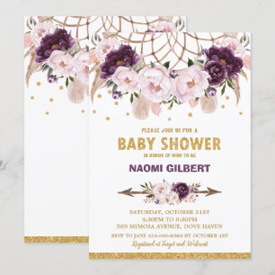 Floral Dream Catcher Baby Shower Girl Purple Blush Invitation