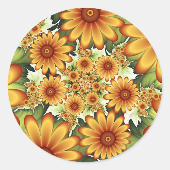 Floral Dream, Modern Abstract Flower Fractal Art Classic Round Sticker (Front)