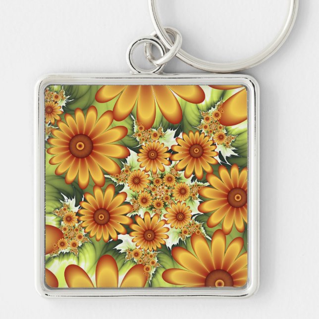 Floral Dream, Modern Abstract Flowers Fractal Art Key Ring (Front)