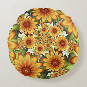 Floral Dream, Modern Abstract Flowers Fractal Art Round Cushion