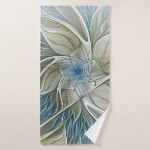 Floral Dream Pattern Abstract Blue Khaki Fractal Bath Towel