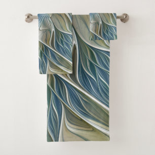 Floral Dream Pattern Abstract Blue Khaki Fractal Bath Towel Set