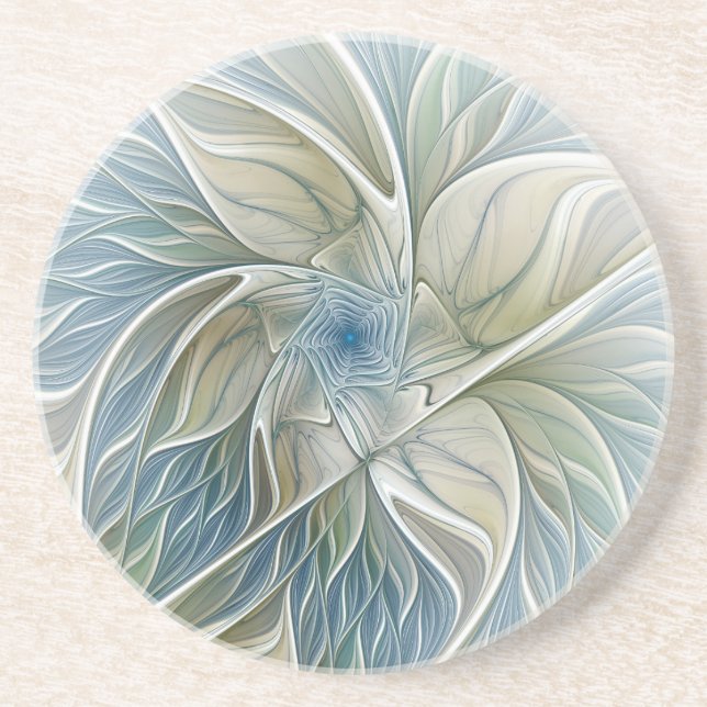 Floral Dream Pattern Abstract Blue Khaki Fractal Coaster (Front)