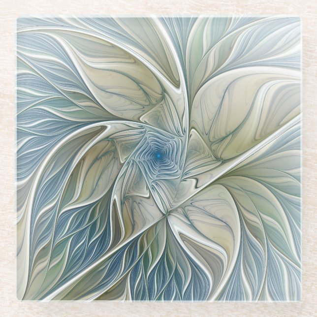 Floral Dream Pattern Abstract Blue Khaki Fractal Glass Coaster (Front)