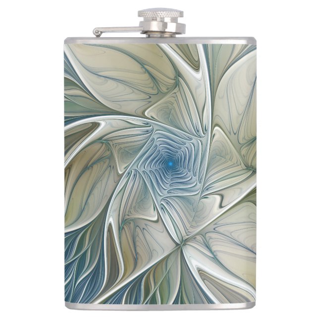 Floral Dream Pattern Abstract Blue Khaki Fractal Hip Flask (Front)