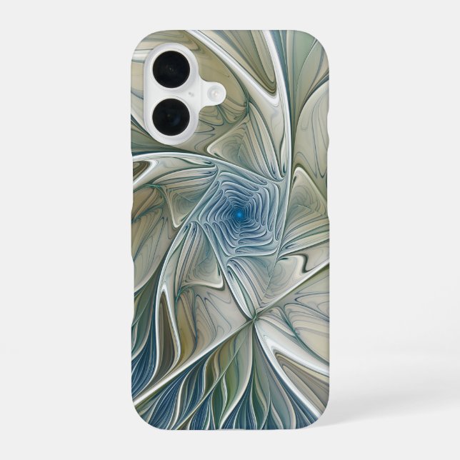 Floral Dream Pattern Abstract Blue Khaki Fractal iPhone 16 Case (Back)