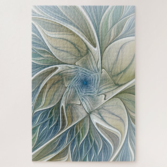 Floral Dream Pattern Abstract Blue Khaki Fractal Jigsaw Puzzle (Vertical)