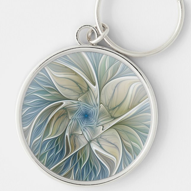 Floral Dream Pattern Abstract Blue Khaki Fractal Key Ring (Front)