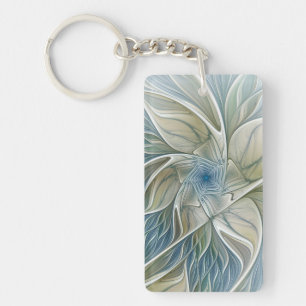 Floral Dream Pattern Abstract Blue Khaki Fractal Key Ring