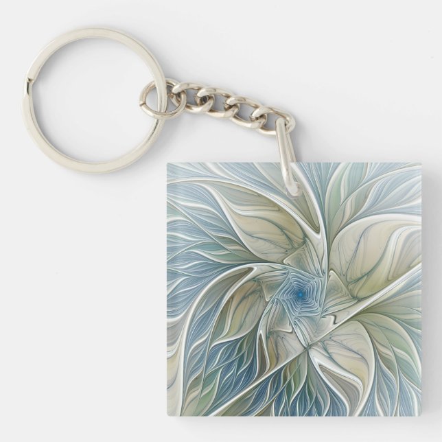 Floral Dream Pattern Abstract Blue Khaki Fractal Key Ring (Front)