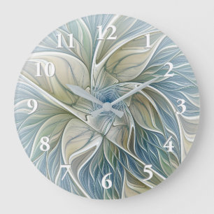 Floral Dream Pattern Abstract Blue Khaki Fractal Large Clock
