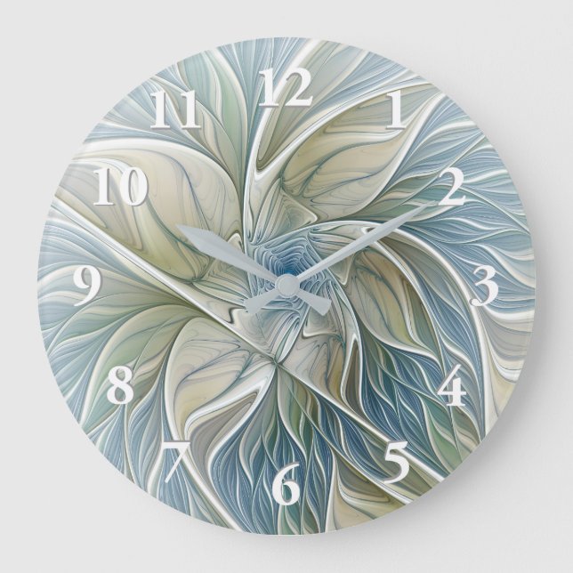 Floral Dream Pattern Abstract Blue Khaki Fractal Large Clock (Front)