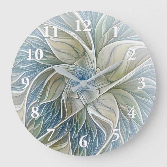 Floral Dream Pattern Abstract Blue Khaki Fractal Large Clock (Front)